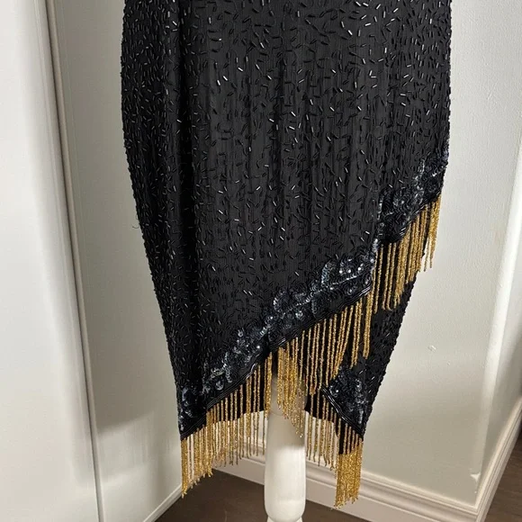 Vintage Silk Lori Ann Elegant Black and Gold Sequin Fringe Dress - Picture 3 of 14